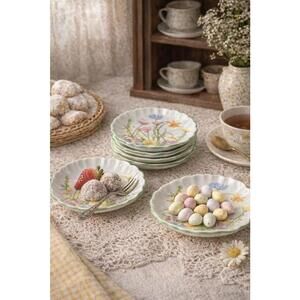 Seymour Mann 1974 Set Of 8 Day Lily Fine China Plates Dishes, 6.5x5”